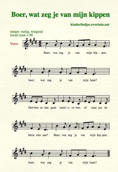 sheet music dutch children's song with english translation farmer chicken boer