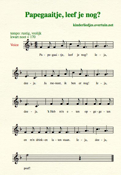sheet music dutch children's songs songtext parrot alive papgegaai