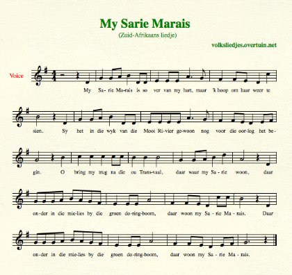sheet music south-african folk song my sarie marais thumb